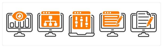 Set of five business icons as seo monitoring, web hierarchy, refine webpage vector