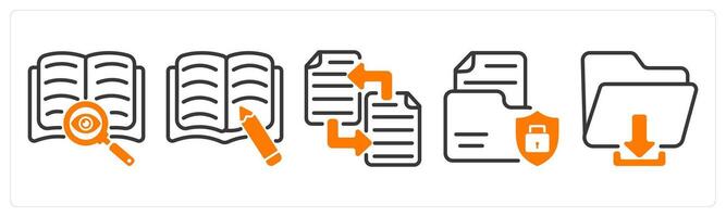 Set of five business icons as find content, article writing, file transfer vector