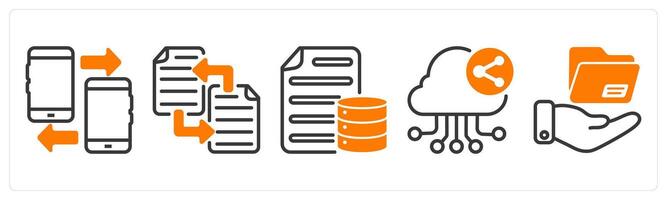 Set of five business icons as mobile data transfer, file transfer, database document vector