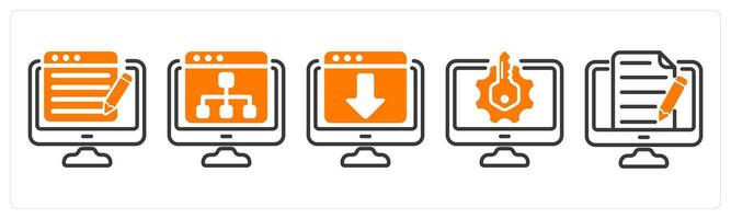Set of five business icons as content writing, web hierarchy, web landing page vector