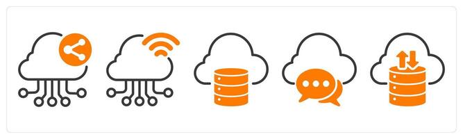 Set of five business icons as cloud network sharing, cloud connection, storage vector