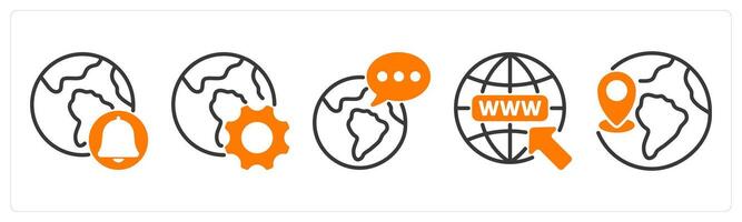 Set of five business icons as global notification, browser optimization, global communication vector
