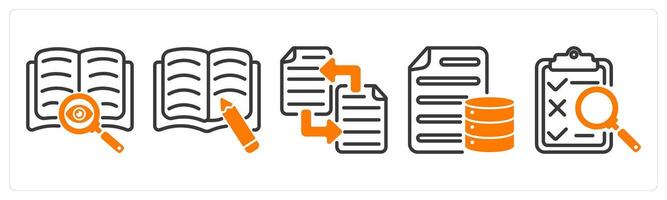 Set of five business icons as find content, article ariting, file transfer vector