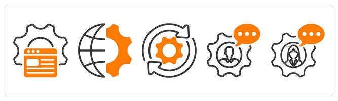 Set of five business icons as website optimization, global engineering, update vector