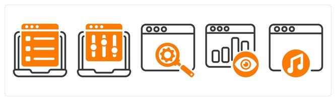 Set of five business icons as online questionnaire, refine webpage, seo development vector
