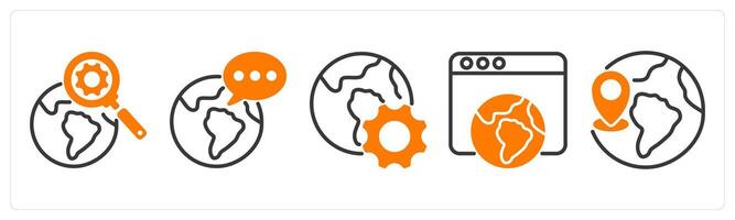 Set of five business icons as search engine, global communication, browser optimization vector