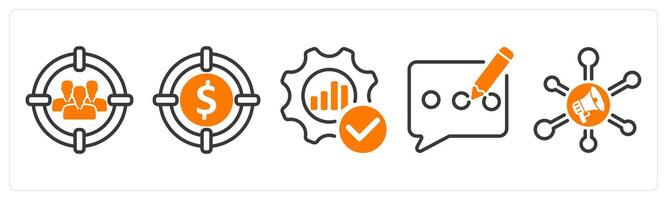 Set of five business icons as target audience, target profit, optimization vector