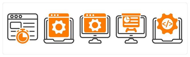 Set of five business icons as website speed, website development, webpage configuration vector