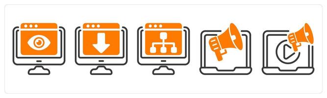 Set of five business icons as online viewer, web landing page, web hierarchy vector