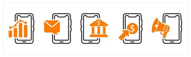 Set of five business icons as mobile report, mobile message, online banking vector
