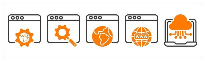 Set of five business icons as browser settings, search engine optimization, internet browsing vector