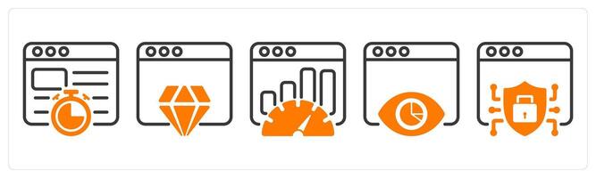 Set of five business icons as website speed, website reputation, seo performance vector