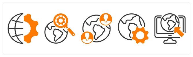 Set of five business icons as global engineering, search engine, global communication vector