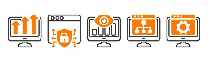 Set of five business icons as marketing trend, web security, seo monitoring vector