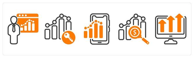 Set of five business icons as seo training, keyword ranking, mobile report vector