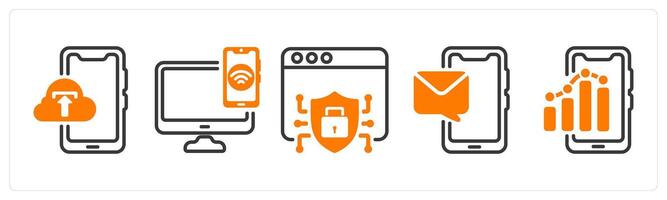 Set of five business icons as mobile data backup, device connectivity, web security vector