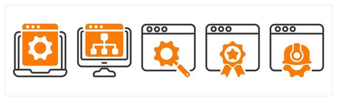 Set of five business icons as website development, web hierarchy, search engine optimization vector