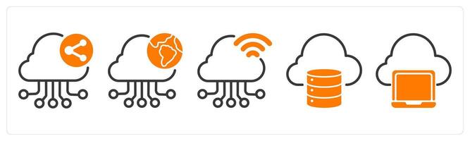 Set of five business icons as cloud network sharing, cloud research, cloud connection vector