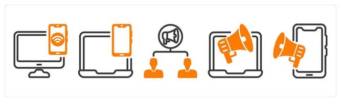 Set of five business icons as device connectivity, responsive design, viral marketing vector