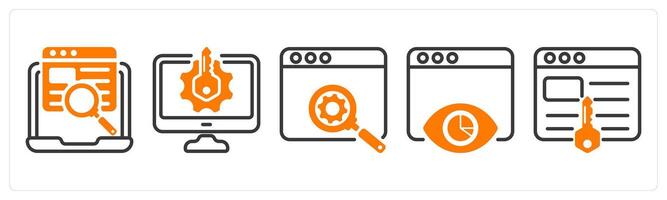Set of five business icons as web search, keyword generator, seo development vector