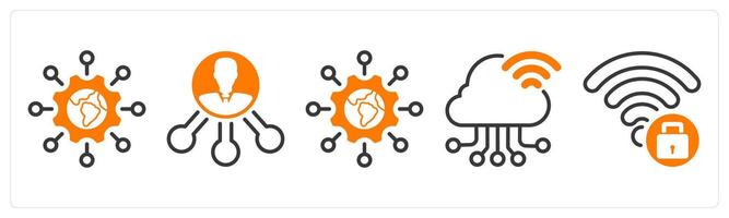 Set of five business icons as global technology, affiliate, cloud connection vector