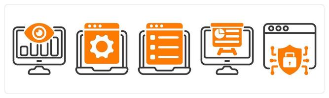 Set of five business icons as seo monitoring, web site development, online questionnaire vector
