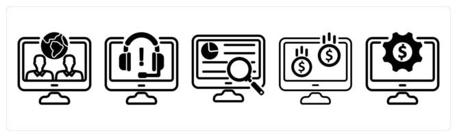 A set of five business icons as virtual team, online support, research vector