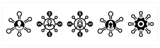 A set of five business icons as business network, affiliate marketing, support network vector