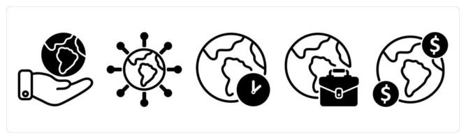 A set of five business icons as global communication, connectivity, time zone vector