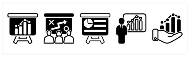 A set of five business icons as business analysis, presenting tactics, presentation vector