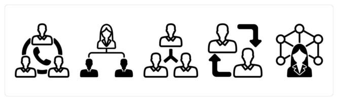 A set of five business icons as team communication, business hierarchy, user network vector