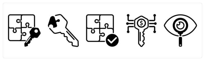 A set of five business icons as solution, solution key, solution plan vector