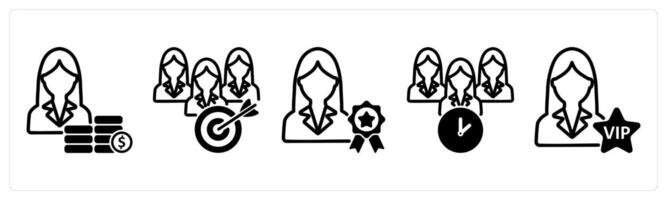 A set of five business icons as earning, teamwork, goal, premium member vector