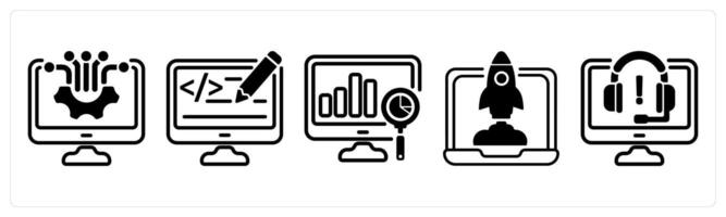 A set of five business icons as computer technology, web designing, analysis vector