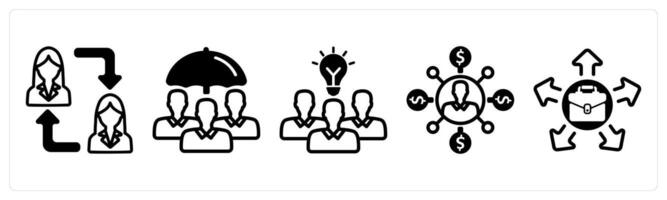 A set of five business icons as employee change, employee insurance, teamwork solution vector