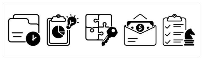 A set of five business icons as history record, creative report, solution vector