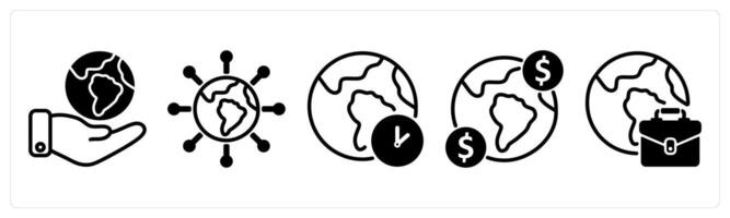 A set of five business icons as global community, connectivity, time zone vector