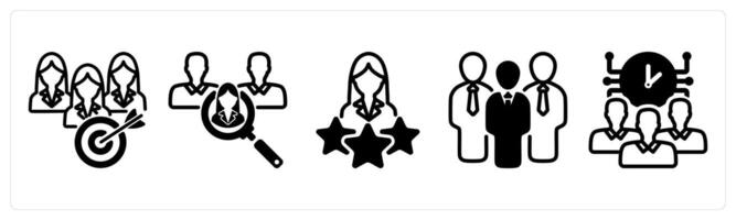 A set of five business icons as teamwork goal, recruitment, premium user vector