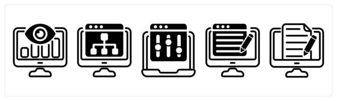A set of five business icons as seo monitoring, web hierarchy, refine webpage vector