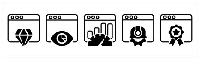 A set of five business icons as website reputation, impression report, seo performance vector