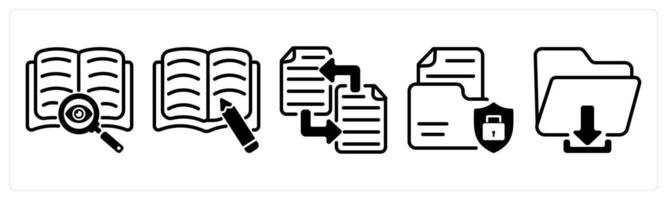A set of five business icons as find content, article writing, file transfer vector