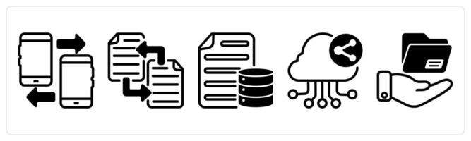 A set of five business icons as mobile data transfer, file transfer, database document vector