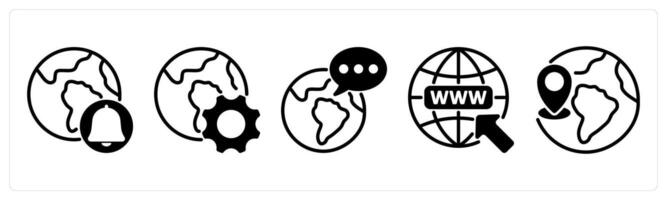 A set of five business icons as global notification, browser optimization, global communication vector