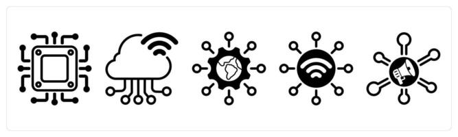 A set of five business icons as cpu processor, cloud connection, wireless network vector