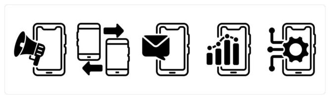 A set of five business icons as mobile advertising, mobile data transfer, mobile message vector