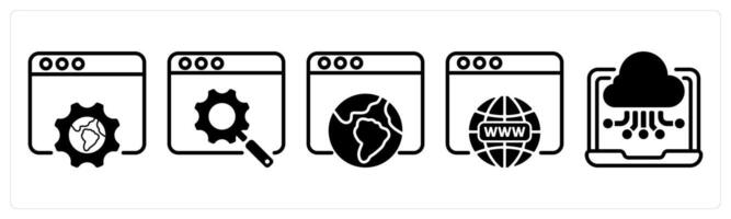 A set of five business icons as browser settings, search engine optimization, internet browsing vector