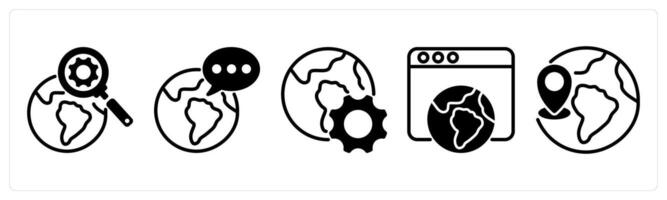 A set of five business icons as search engine, global communication, browser optimization vector