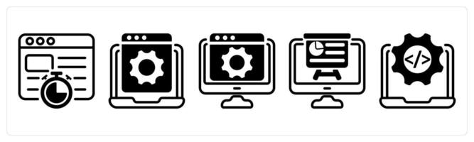 A set of five business icons as website speed, website development, webpage configuration vector