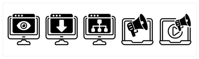 A set of five business icons as online viewer, web landing page, web hierarchy vector
