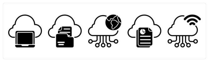 A set of five business icons as file storage, cloud connection vector